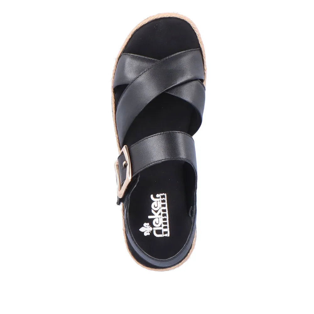 Rieker V7951-00 women's black leather touch-fastening sandals with crossed straps and buckle detail.