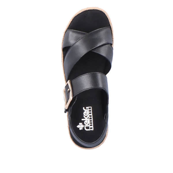 Rieker V7951-00 women's black leather touch-fastening sandals with crossed straps and buckle detail.