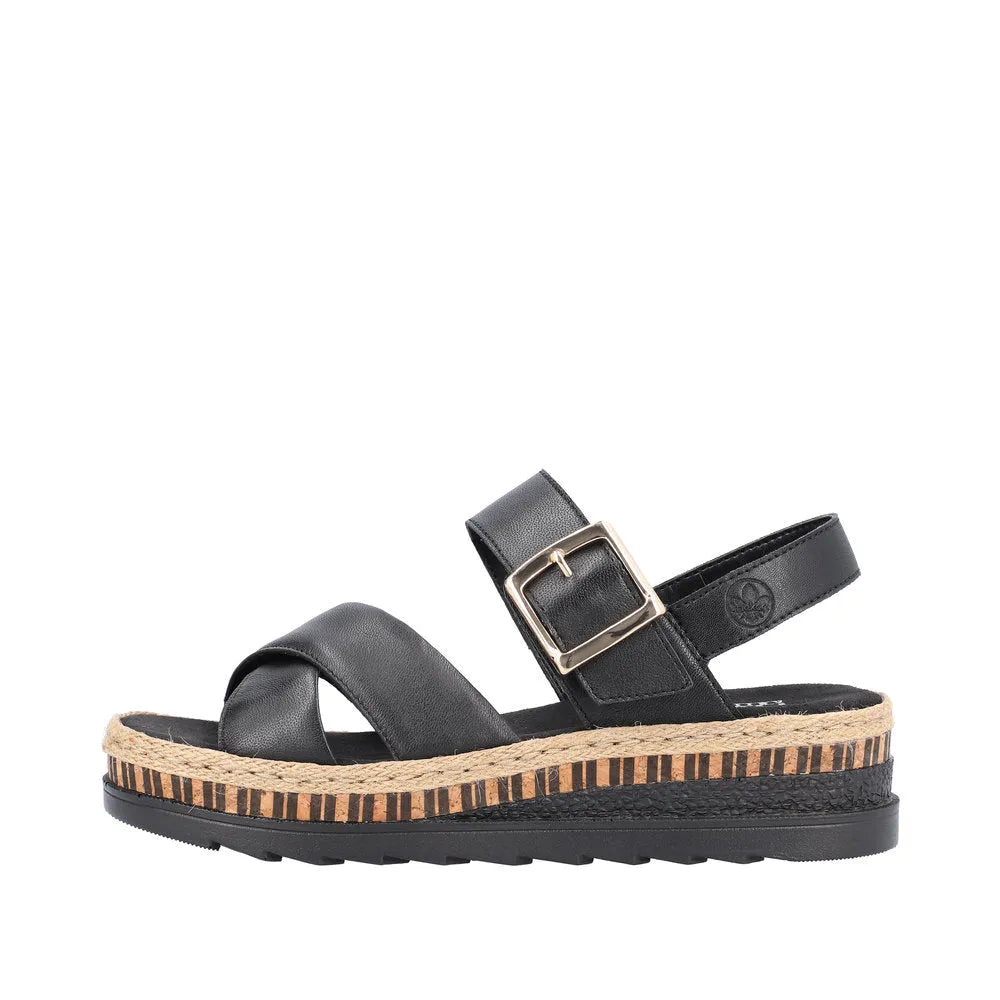 Rieker V7951-00 women's black leather touch-fastening sandals with woven espadrille-style sole and adjustable buckle strap.