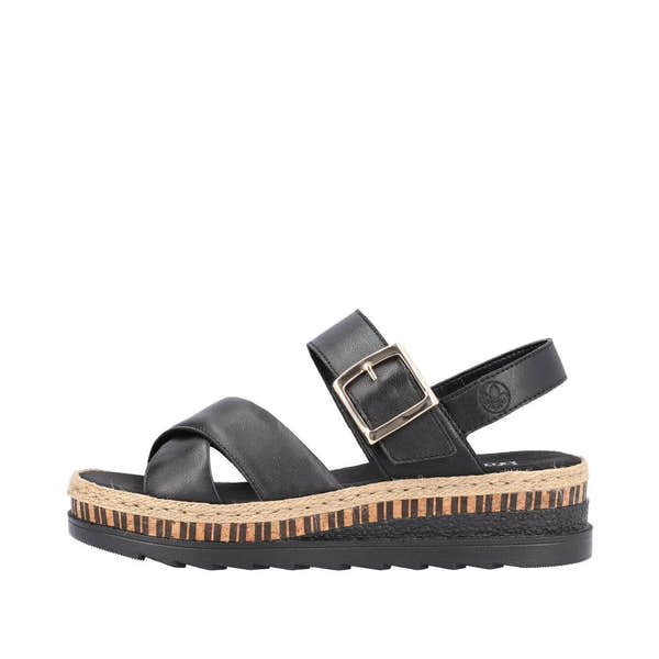 Rieker V7951-00 women's black leather touch-fastening sandals with woven espadrille-style sole and adjustable buckle strap.