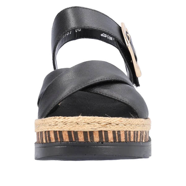 Rieker V7951-00 women's black leather touch fastening sandals with woven espadrille-style sole.