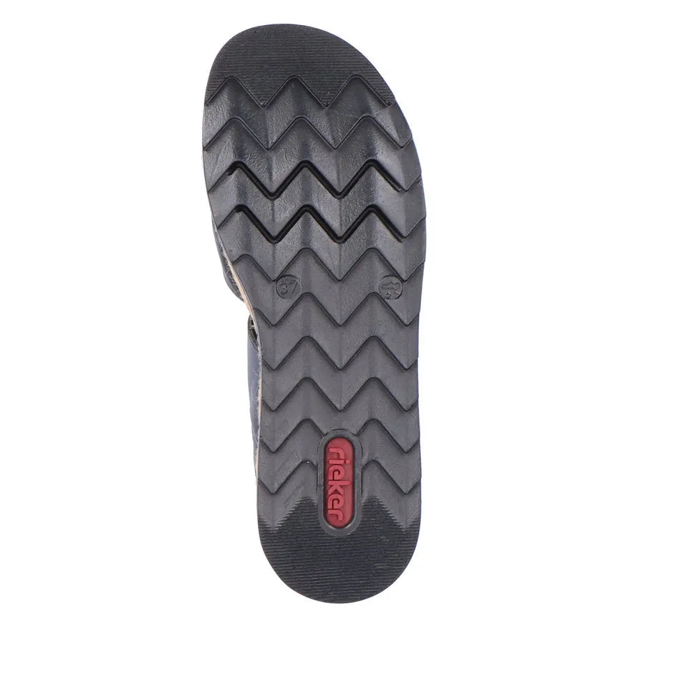 Rieker V7951-00 women's black leather touch fastening sandals with durable zigzag rubber sole.
