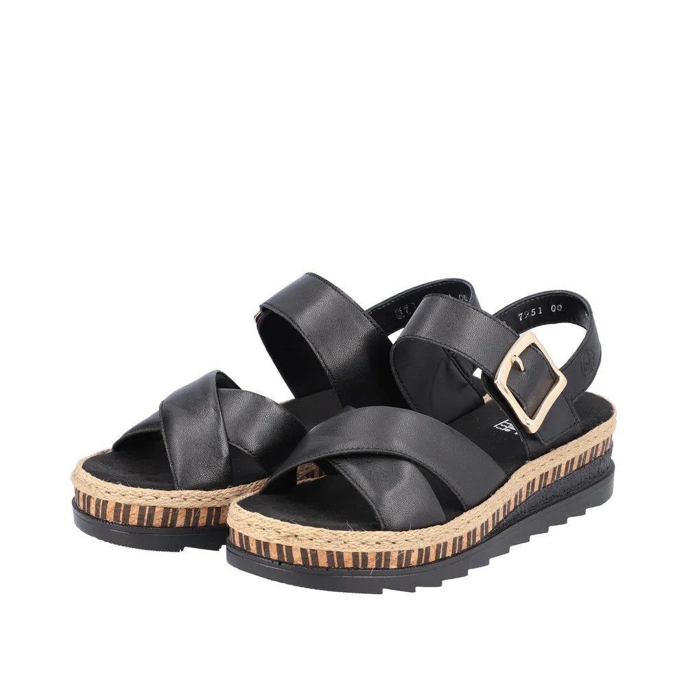 Rieker V7951-00 women's black leather touch fastening sandals with platform sole and woven jute edge.