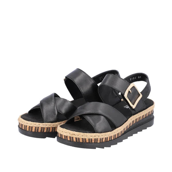 Rieker V7951-00 women's black leather touch fastening sandals with platform sole and woven jute edge.