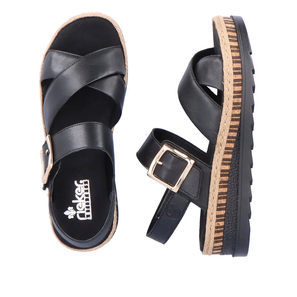 Rieker V7951-00 black leather women's sandals with touch-fastening straps and chunky sole.