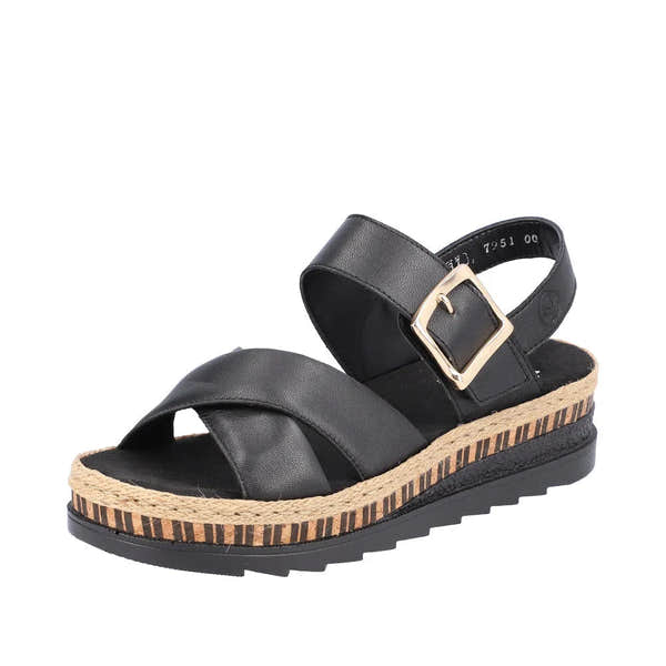 Rieker V7951-00 ladies' black leather sandals with touch fastening straps and a wedge sole, featuring jute trim and a rubber outsole.