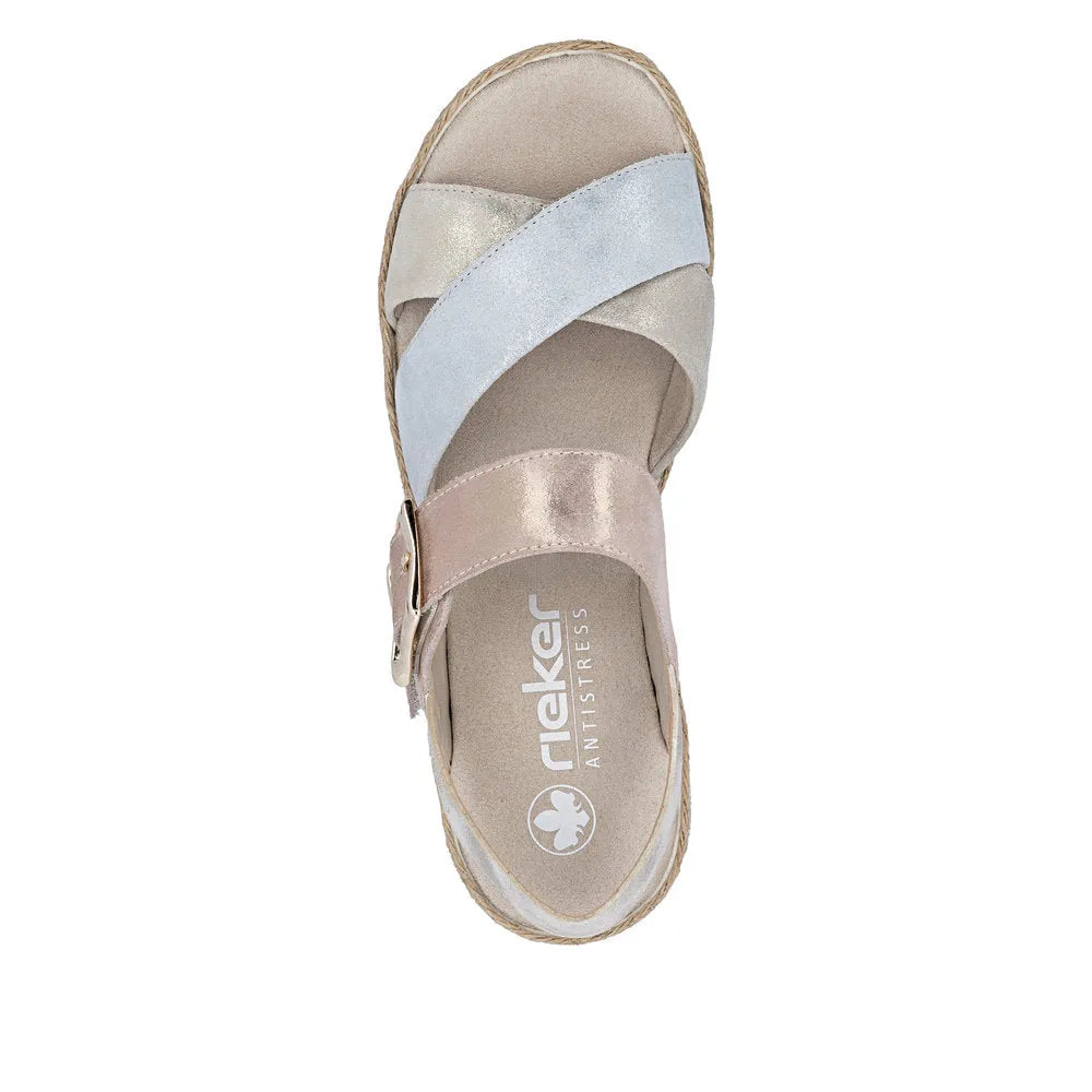 Rieker V7951-90 women's multi-colored leather touch fastening sandals with cushioned footbed and stylish straps.
