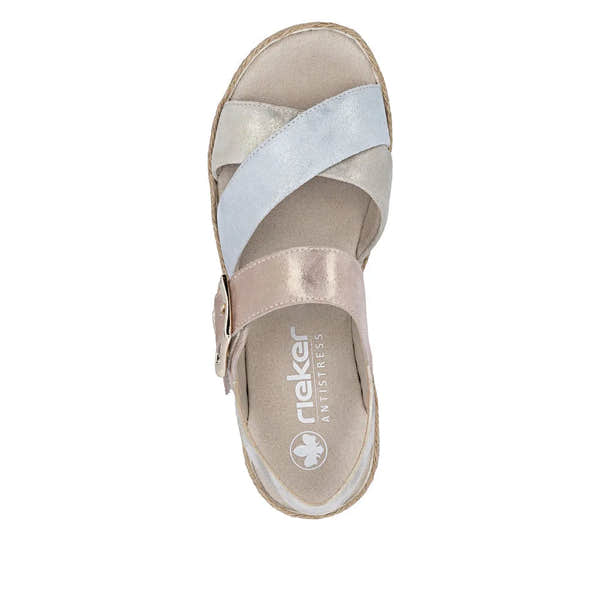 Rieker V7951-90 women's multi-colored leather touch fastening sandals with cushioned footbed and stylish straps.