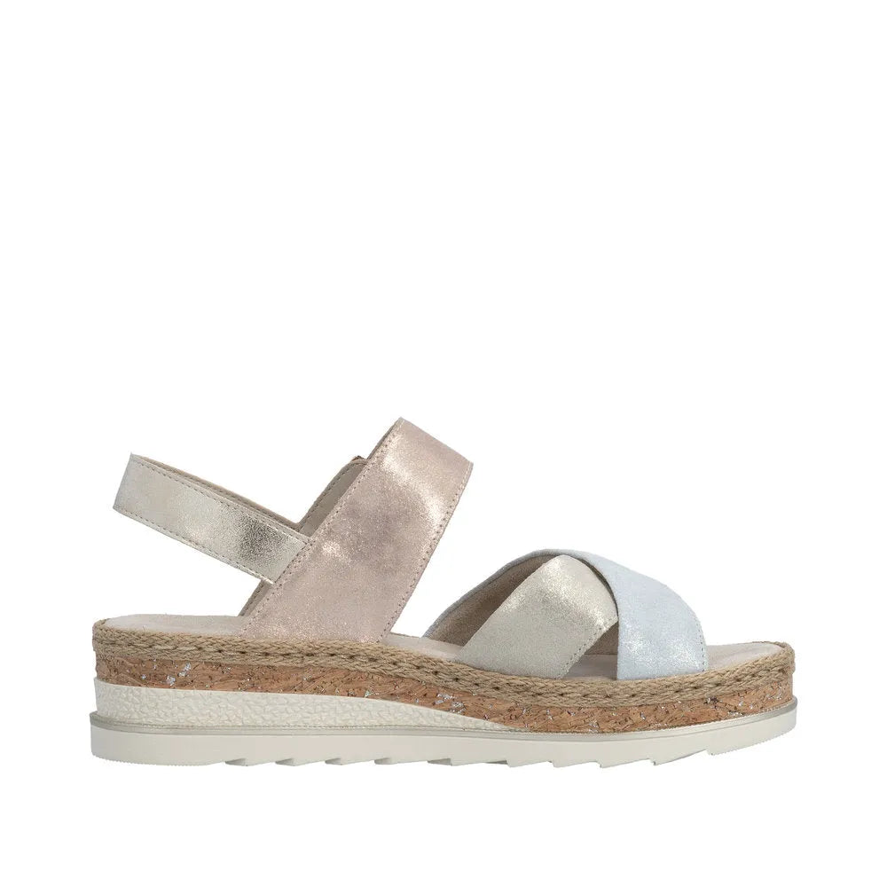Rieker V7951-90 women's multi-color leather touch fastening sandals with platform sole and cushioned footbed.