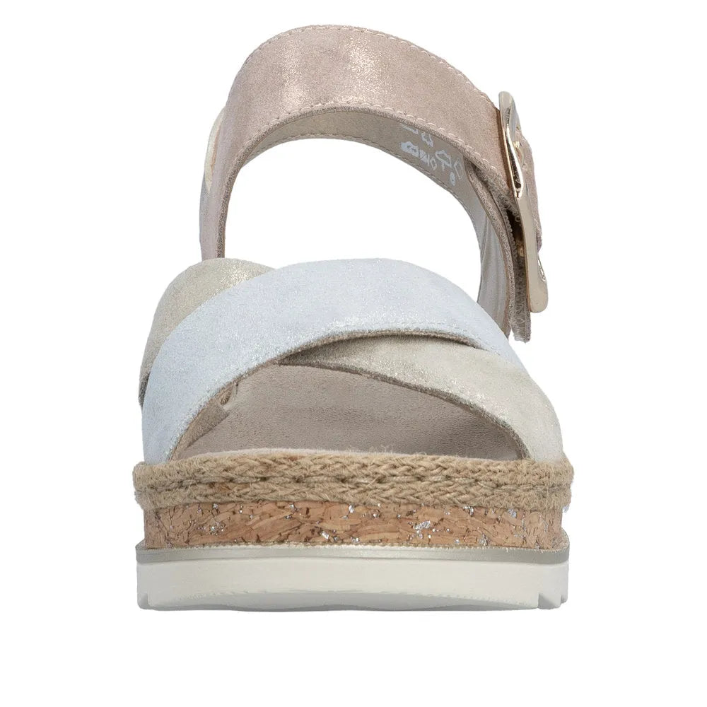 Rieker V7951-90 women's multi leather touch fastening sandals with cork heel and white and beige straps.