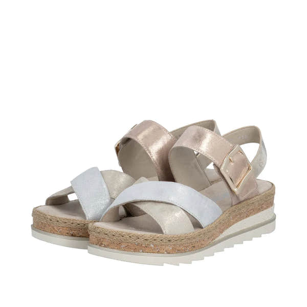 Rieker V7951-90 women's multi-colored leather touch-fastening sandals with cork wedge sole and white and metallic straps.