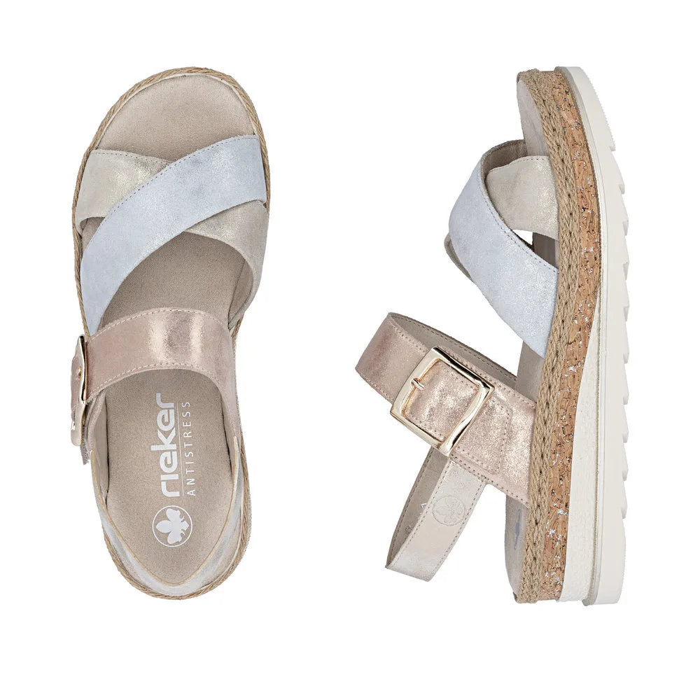 Rieker V7951-90 women's multi leather touch fastening sandals with cushioned insoles and cork-and-rubber soles.
