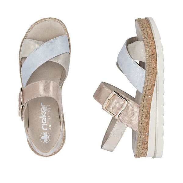 Rieker V7951-90 women's multi leather touch fastening sandals with cushioned insoles and cork-and-rubber soles.