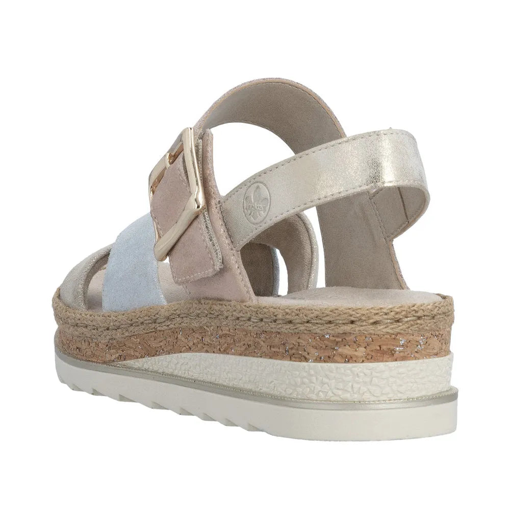 Rieker V7951-90 women's multi leather touch fastening wedge sandals with cork and espadrille-style sole.