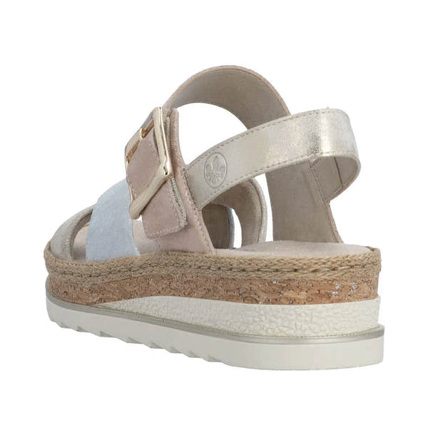 Rieker V7951-90 women's multi leather touch fastening wedge sandals with cork and espadrille-style sole.