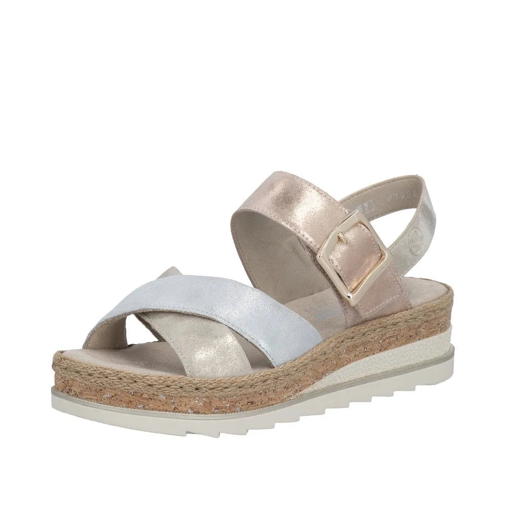 Rieker V7951-90 women's multi leather touch fastening sandals with adjustable straps and cork wedge sole.