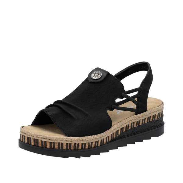 Black leather open-toe pull-on sandal with a cork-lined wedge and striped rubber sole, featuring elastic sides and decorative button.