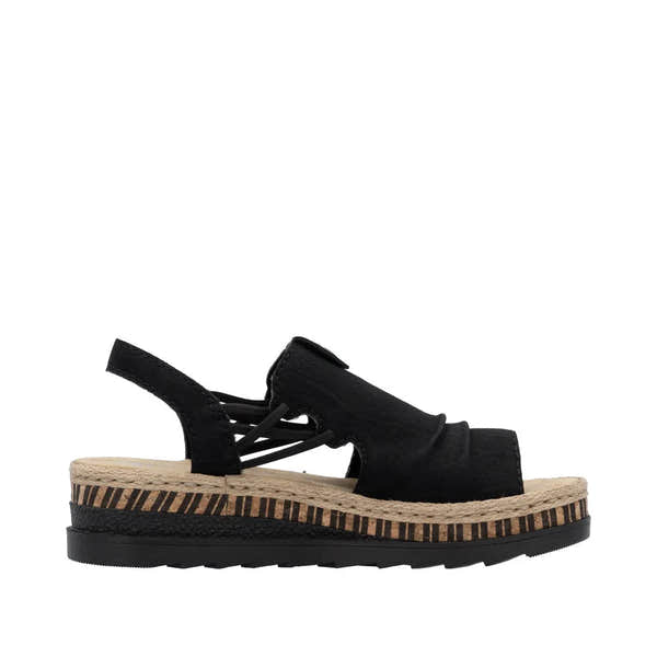 Black slip-on sandal with open toe, elastic straps, cushioned footbed, and striped rubber sole.