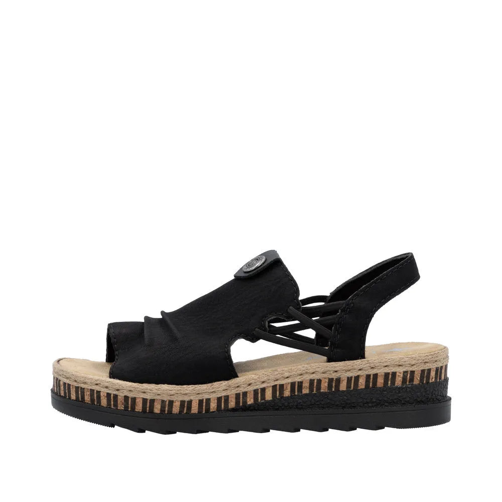 Black pull-on sandal with a leather upper, cushioned insole, and striped platform sole featuring natural and black accents.