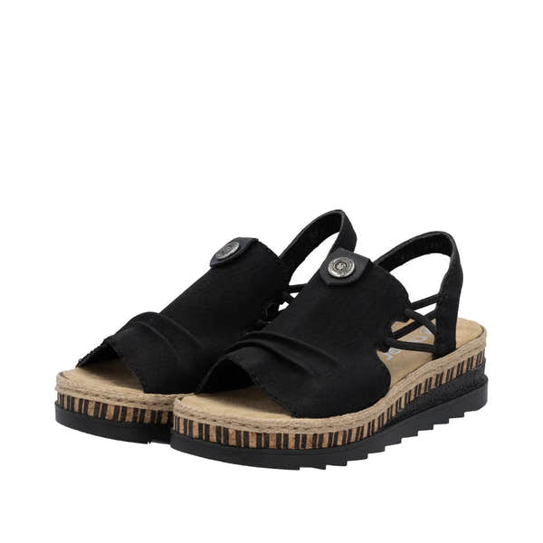 Black slip-on sandal with fabric upper, lace details, and a striped jute-wrapped platform sole.