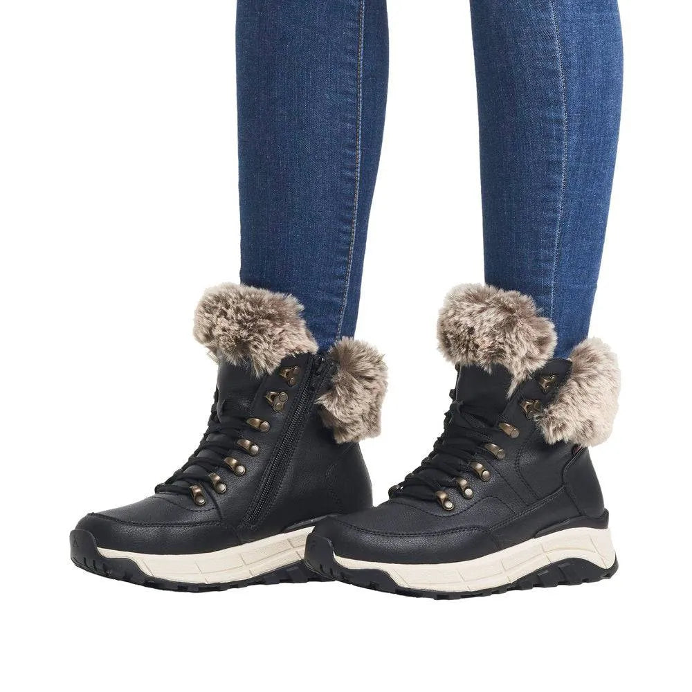 Rieker W0063-00 Ladies Black Leather Water Resistant Zip & Lace Ankle Boots-elevate your sole