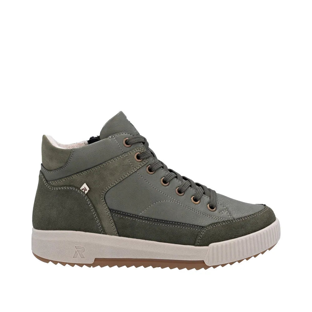 Rieker W0171-54 women's green leather ankle boots with lace-up and zipper closure, casual high-top design, cushioned sole.