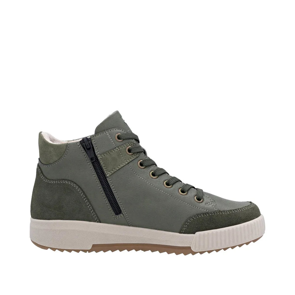 Rieker W0171-54 ladies green leather ankle boots with zip and lace-up front, cushioned sole, and white rubber outsole.