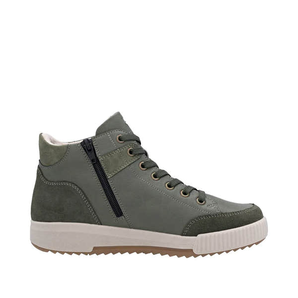 Rieker W0171-54 ladies green leather ankle boots with zip and lace-up front, cushioned sole, and white rubber outsole.