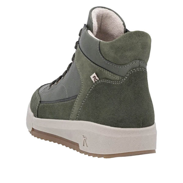 Rieker W0171-54 women's green leather ankle boots with zip and lace-up closure, insulated lining, and rugged sole.