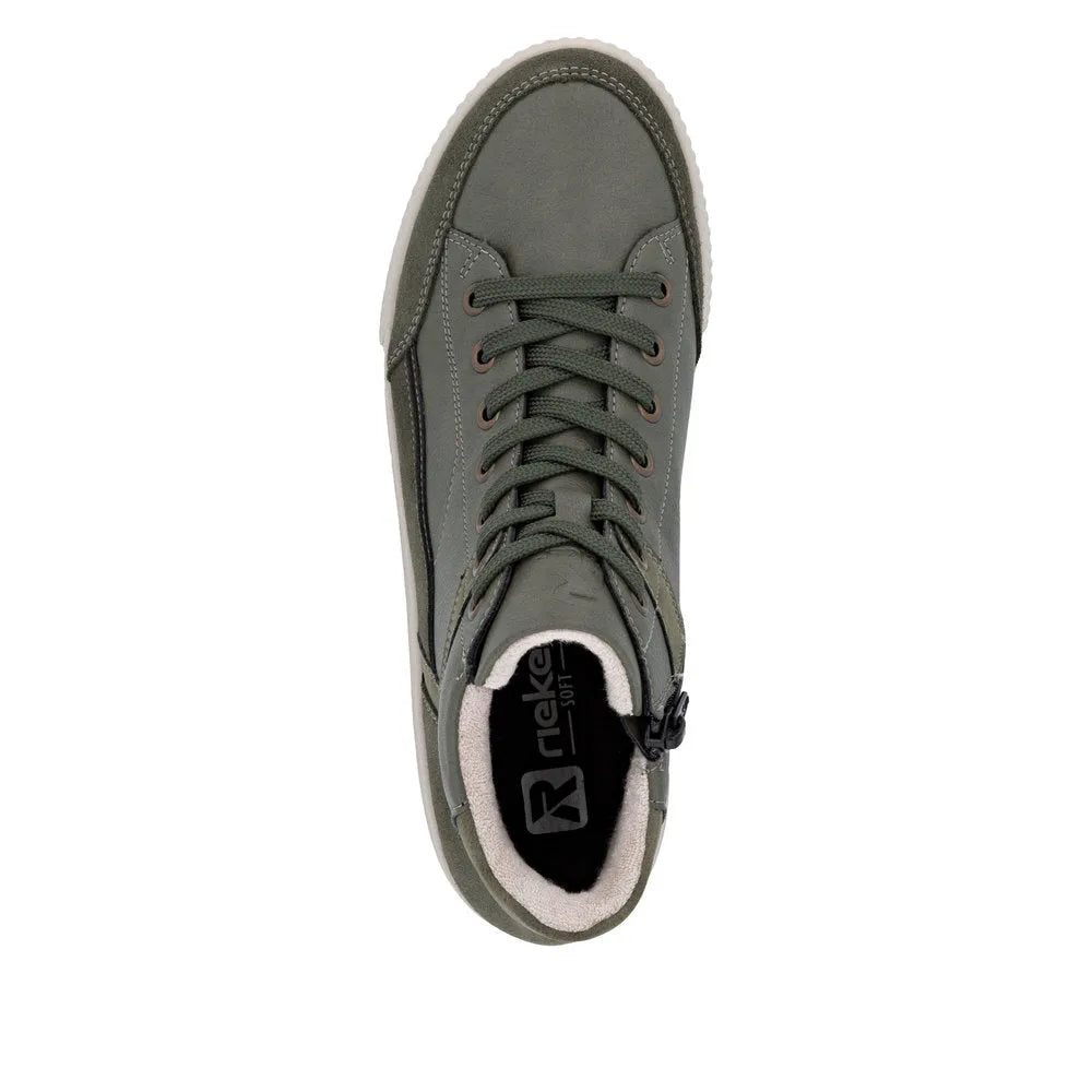 Rieker W0171-54 women's green leather ankle boots with zip and lace, featuring a soft lining and casual sneaker style.