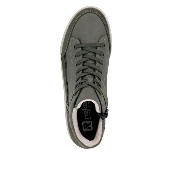Rieker W0171-54 women's green leather ankle boots with zip and lace, featuring a soft lining and casual sneaker style.