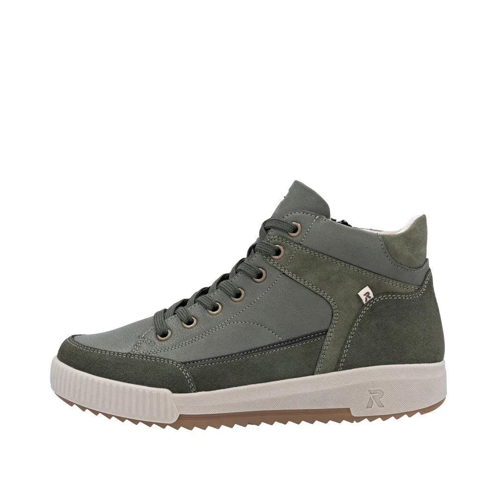 Rieker W0171-54 women's green leather ankle boots with zip and lace-up closure, mid-top design, cushioned sole, stylish and comfortable.