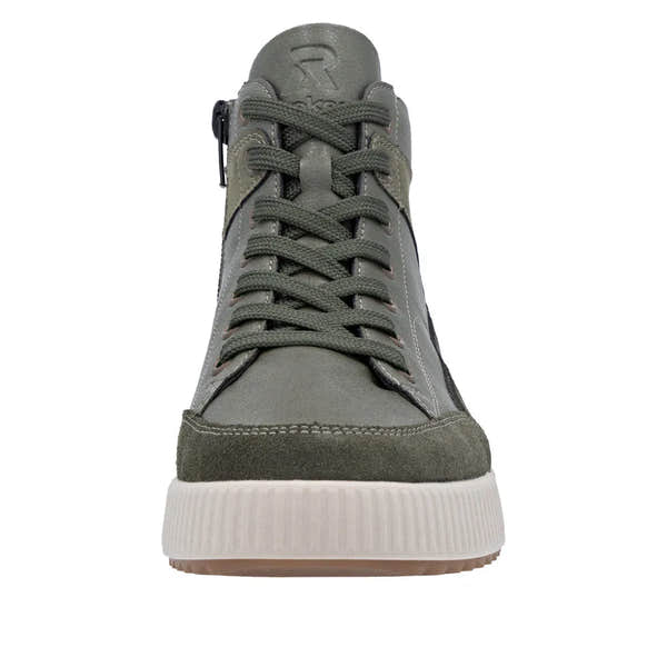 Rieker W0171-54 women's green leather ankle boots with zip and lace-up closure, cushioned sole, and stylish design.