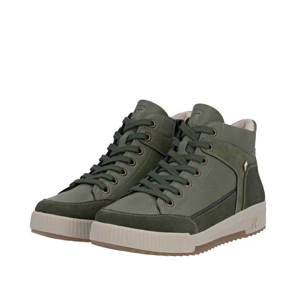 Rieker W0171-54 women's green leather ankle boots with zip and lace-up closure, casual style, cushioned sole.