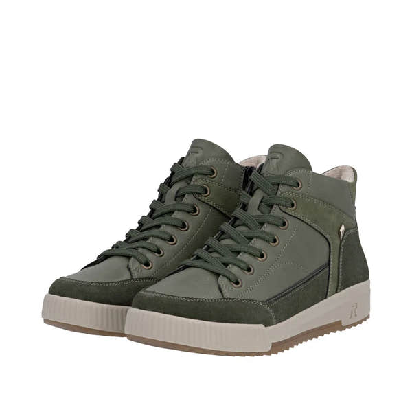Rieker W0171-54 women's green leather ankle boots with zip and lace-up closure, casual style, cushioned sole.
