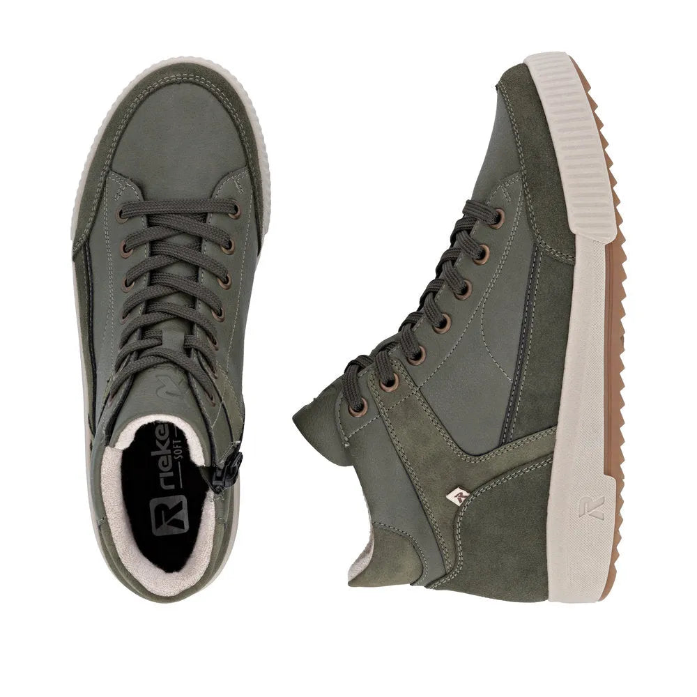 Rieker W0171-54 ladies green leather ankle boots with zip and lace-up closure, chunky sole, and stylish design.