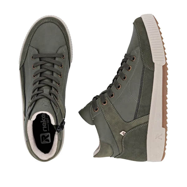 Rieker W0171-54 ladies green leather ankle boots with zip and lace-up closure, chunky sole, and stylish design.