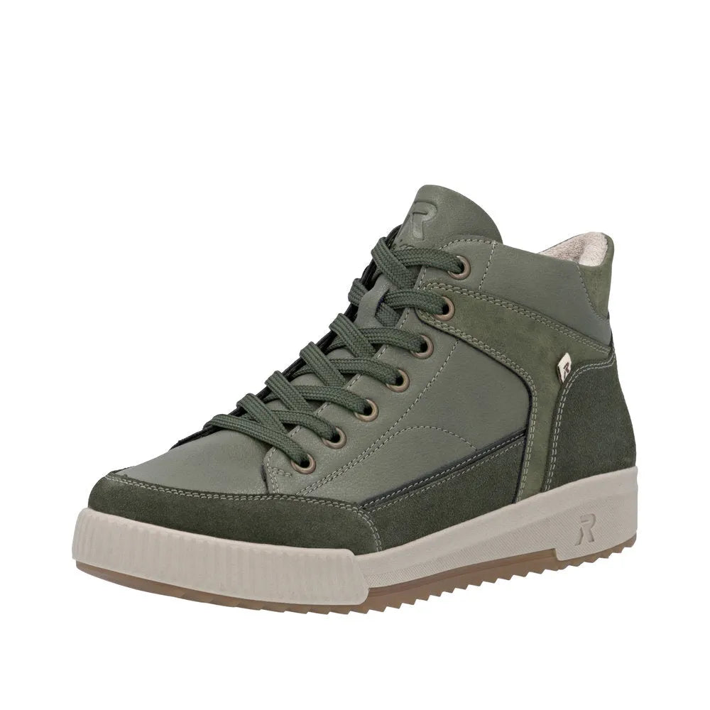 Rieker W0171-54 women's green leather ankle boots with zip and lace-up closure, casual sneaker style, rugged rubber sole.