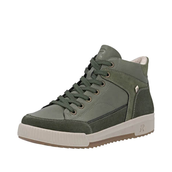 Rieker W0171-54 women's green leather ankle boots with zip and lace-up closure, casual sneaker style, rugged rubber sole.