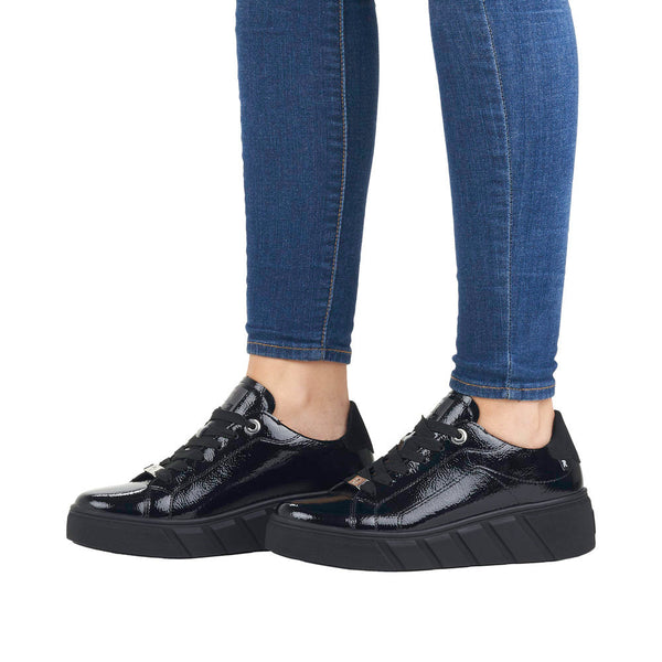 Rieker W0501-00 Ladies Black Patent Leather Lace Up Trainers-elevate your sole