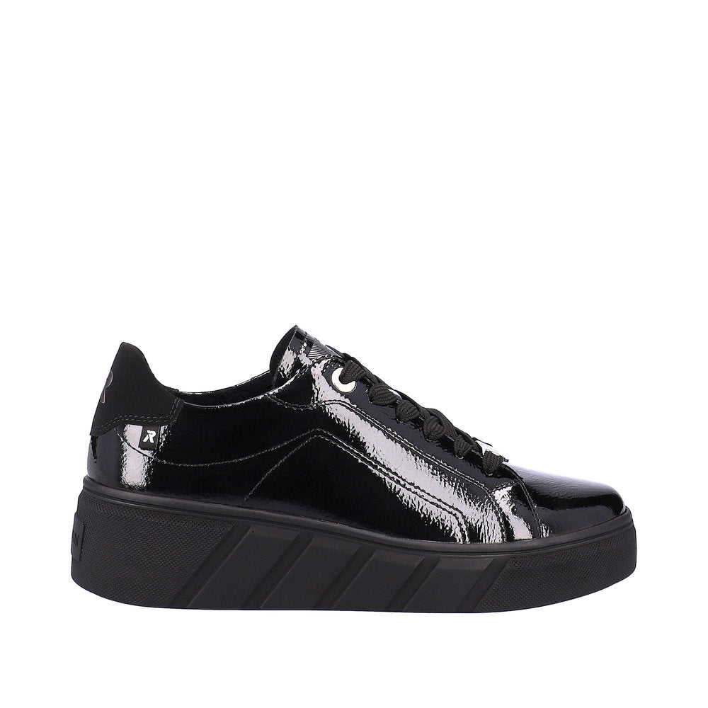 Rieker W0501-00 Ladies Black Patent Leather Lace Up Trainers-elevate your sole