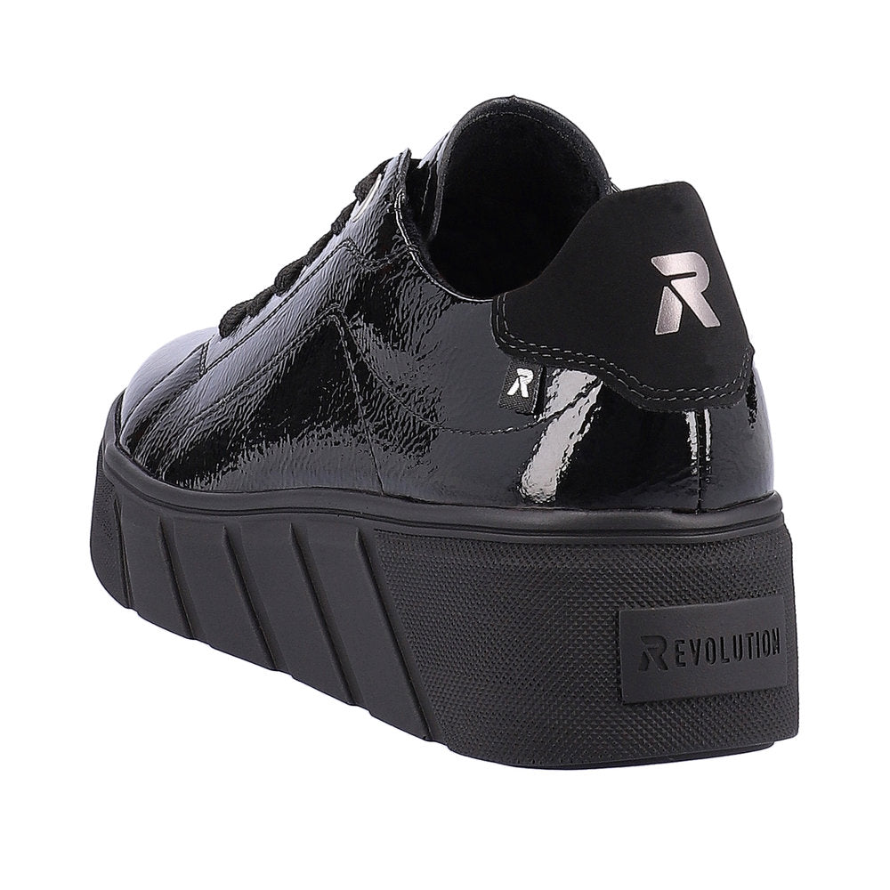 Rieker W0501-00 Ladies Black Patent Leather Lace Up Trainers-elevate your sole