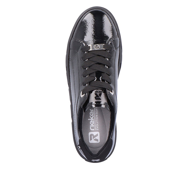Rieker W0501-00 Ladies Black Patent Leather Lace Up Trainers-elevate your sole