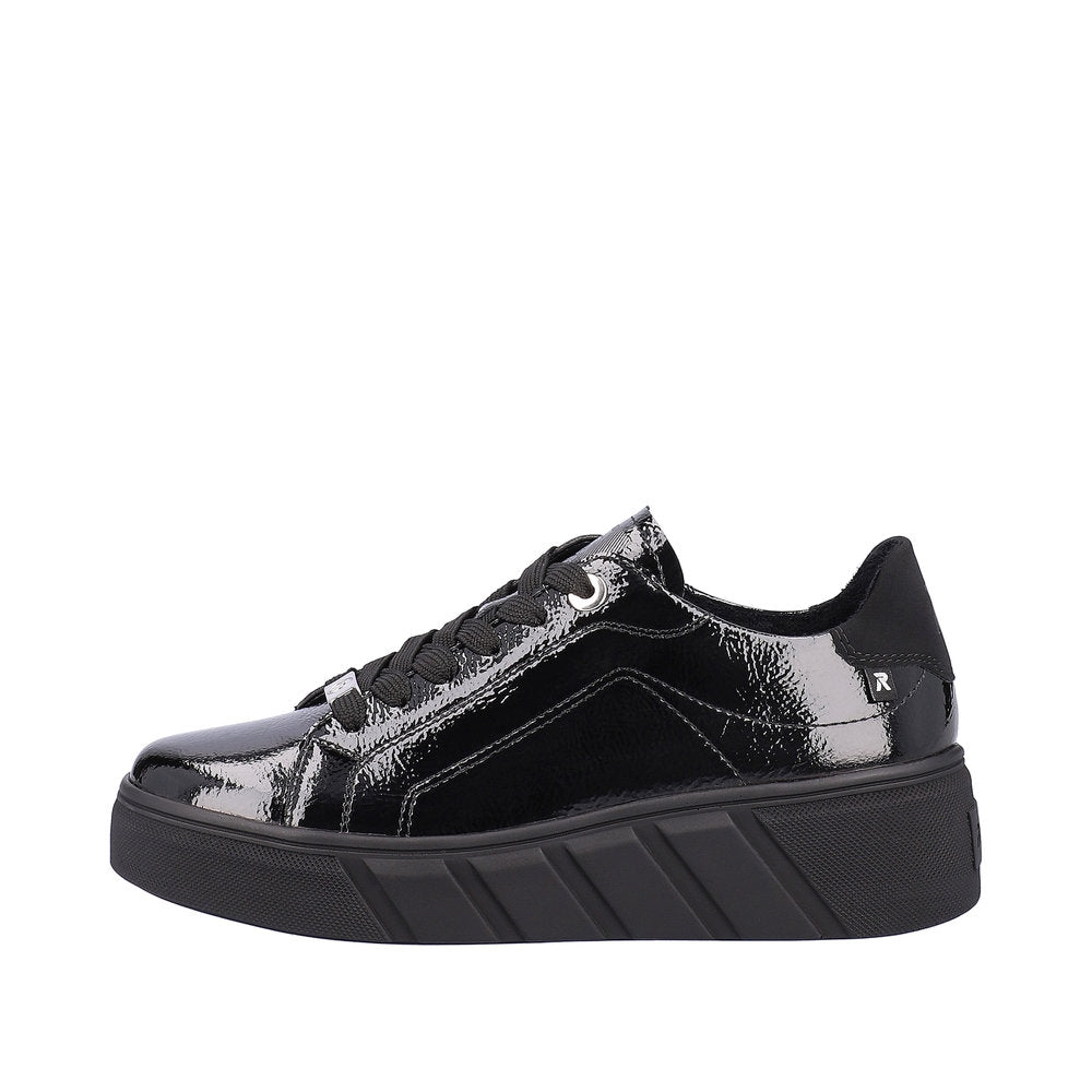 Rieker W0501-00 Ladies Black Patent Leather Lace Up Trainers-elevate your sole
