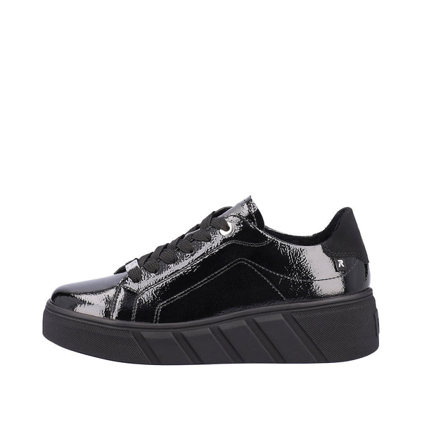 Rieker W0501-00 Ladies Black Patent Leather Lace Up Trainers-elevate your sole