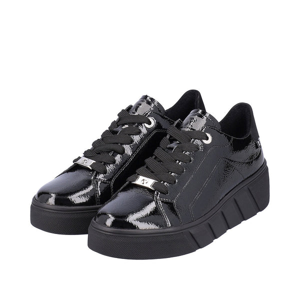 Rieker W0501-00 Ladies Black Patent Leather Lace Up Trainers-elevate your sole