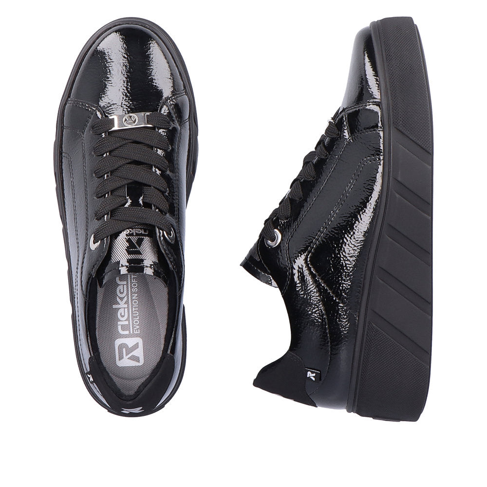 Rieker W0501-00 Ladies Black Patent Leather Lace Up Trainers-elevate your sole