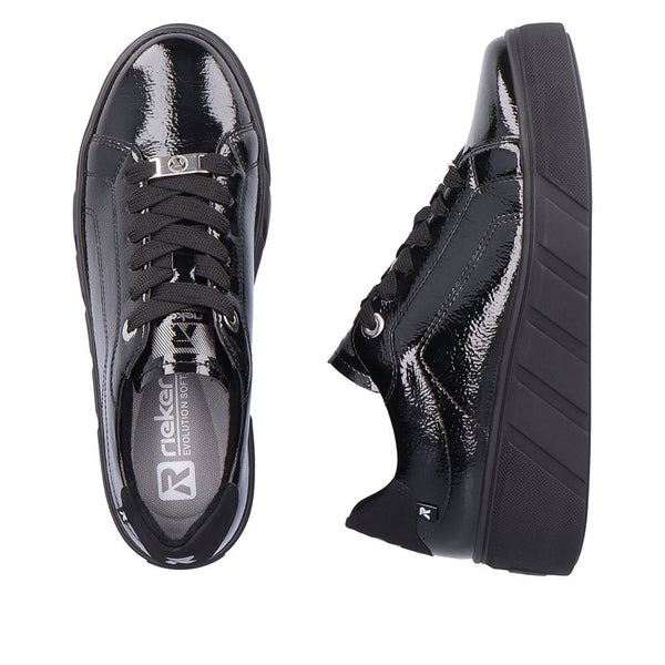 Rieker W0501-00 Ladies Black Patent Leather Lace Up Trainers-elevate your sole