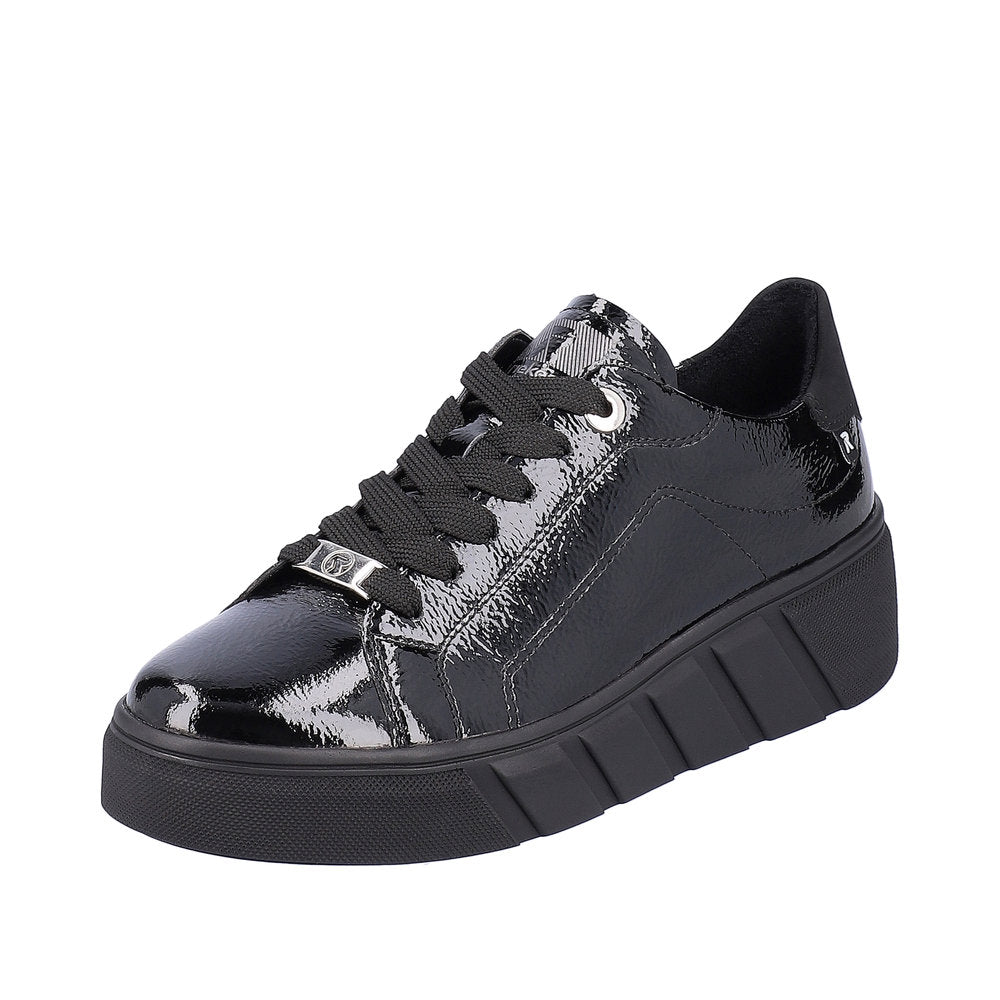 Rieker W0501-00 Ladies Black Patent Leather Lace Up Trainers-elevate your sole
