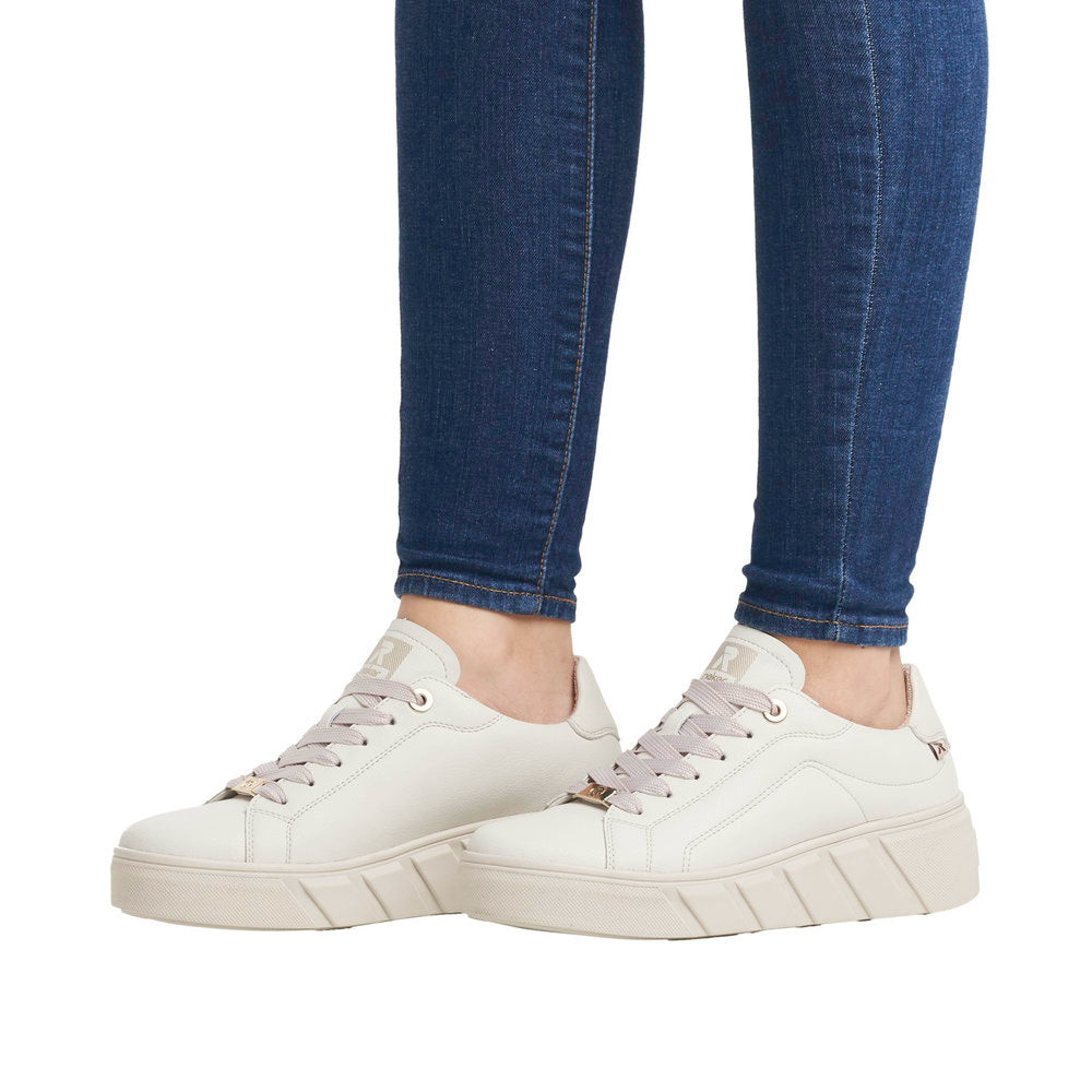 Rieker W0503-80 Ladies Off White Leather Lace Up Trainers-elevate your sole